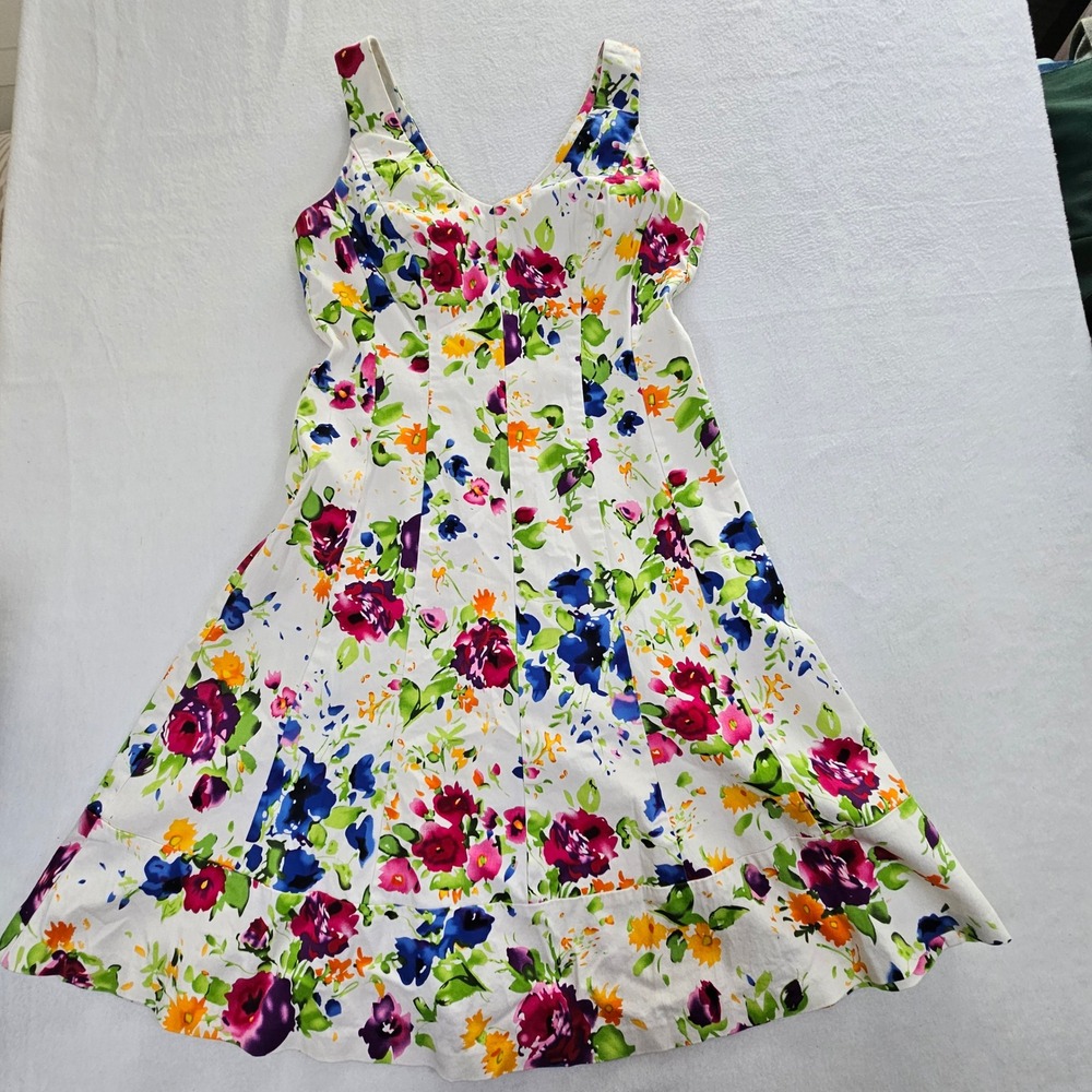 Lauren Ralph Lauren Floral Fit Flare Dress Womens 8 White V-Neck Sleeveless Knee